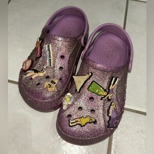 CROCS Kids Glittery Purple Slippers with Fun Charms